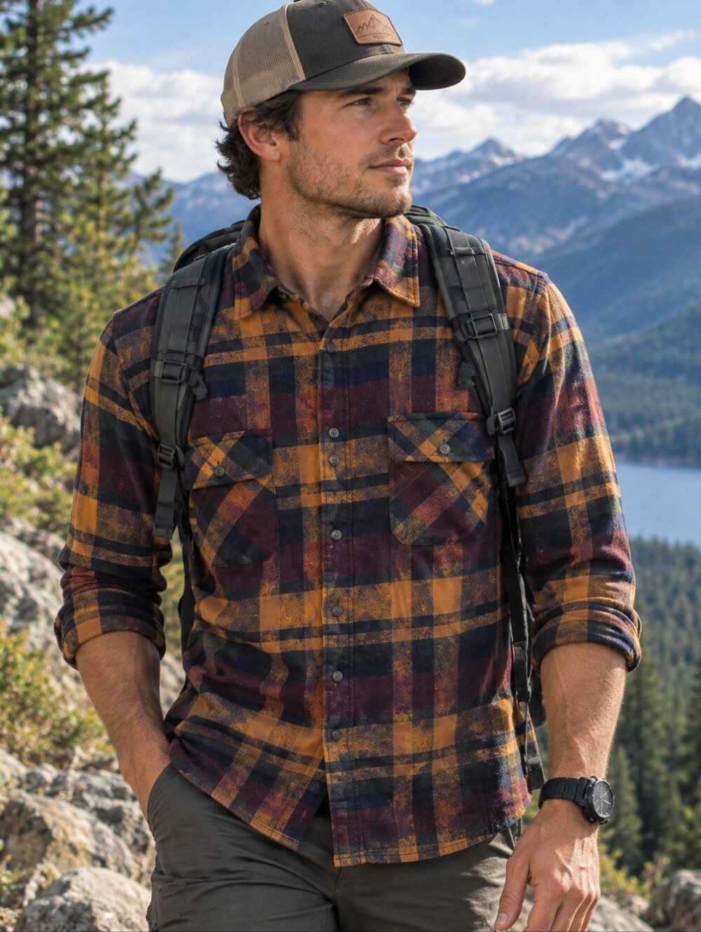 Men's MBX Plaid Button-Down Shirt - Mustard, Navy & Burgundy